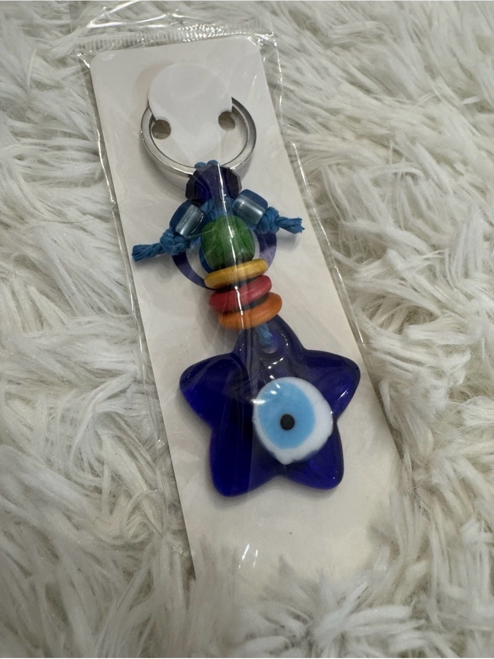 Glass Blue Star Evil Eye Keychain with Multicolor wood Beads